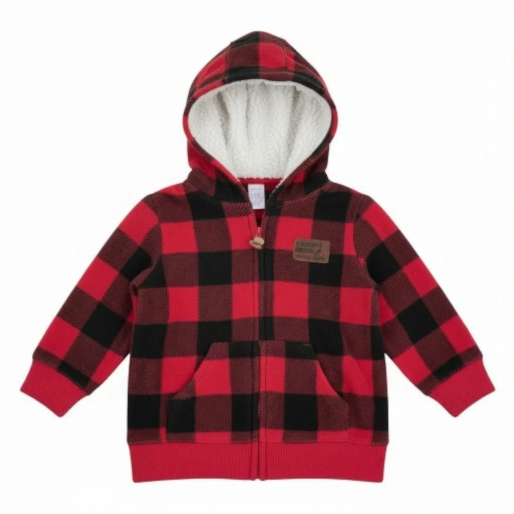 Carter's Boys Red Black Buffalo Plaid Fleece Sherpa Lined Zip Hoodie‎ 18M